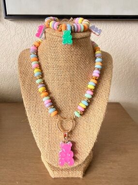 Kids Multicolor Candy Bead Necklace  and Bracelet Set with Pink Gummy Bear